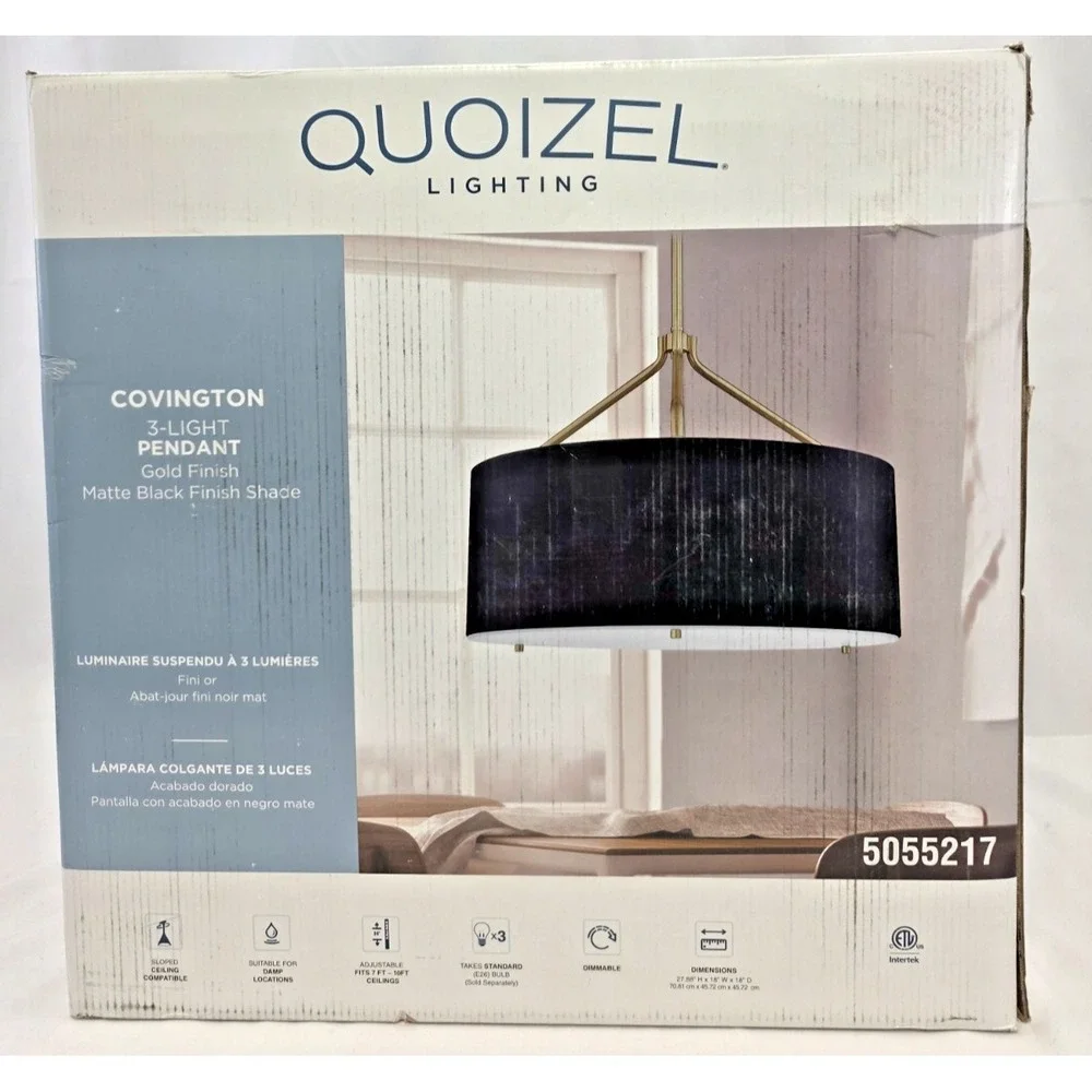 Quoizel LWS6714B Covington 3-Light Drum Pendant Black Gold NIB